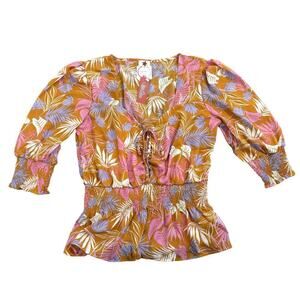 Blue Leopard Floral Long Sleeve V-Neck Blouse in Orange, Size 2X​​​​